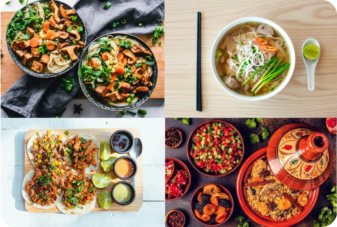 Assortiment de plats typiques internationaux proposés sur ASAFRAM